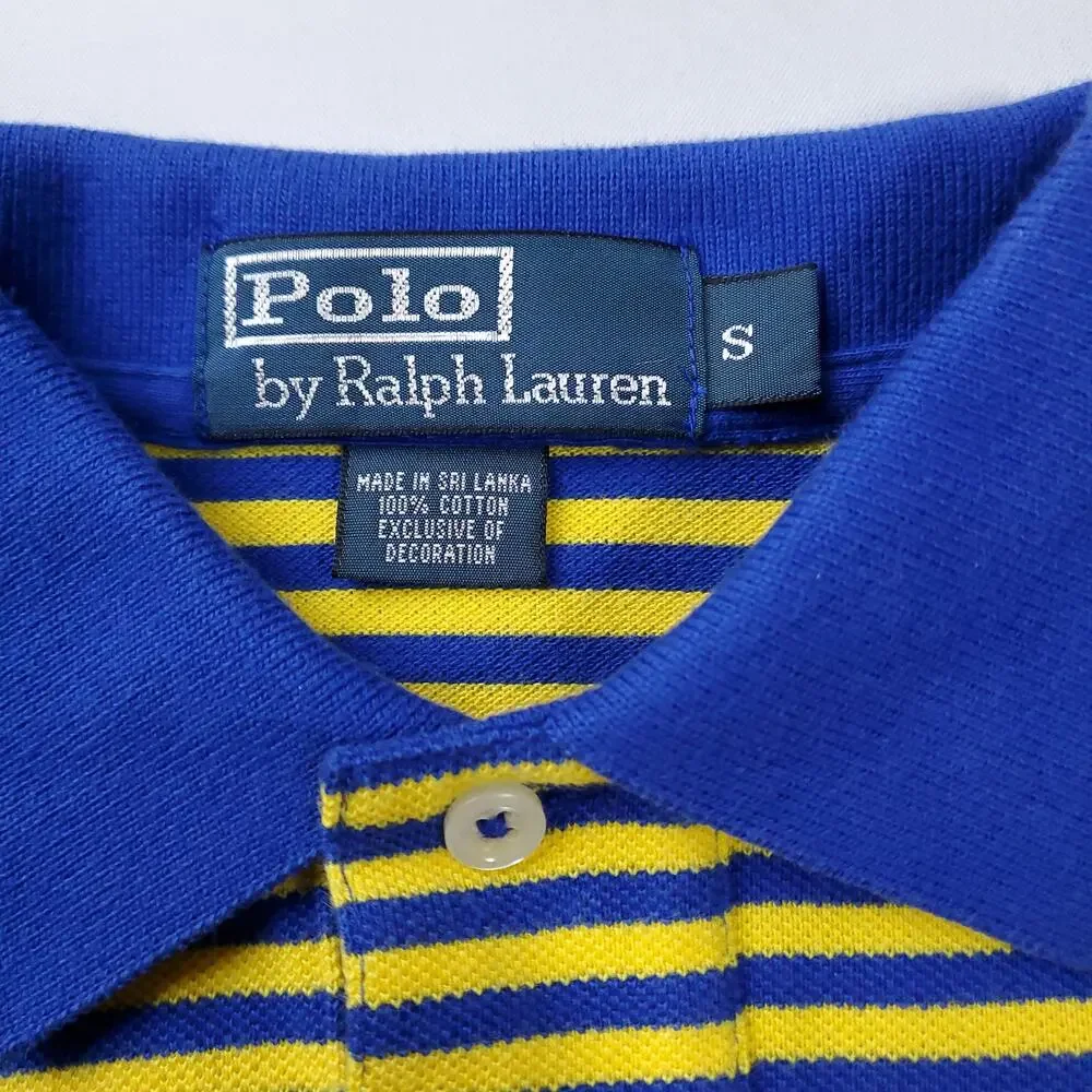 VTG Ralph Lauren Polo Shirt Pony Yellow Blue Stripe Short Sleeve 90s y2k Sz S